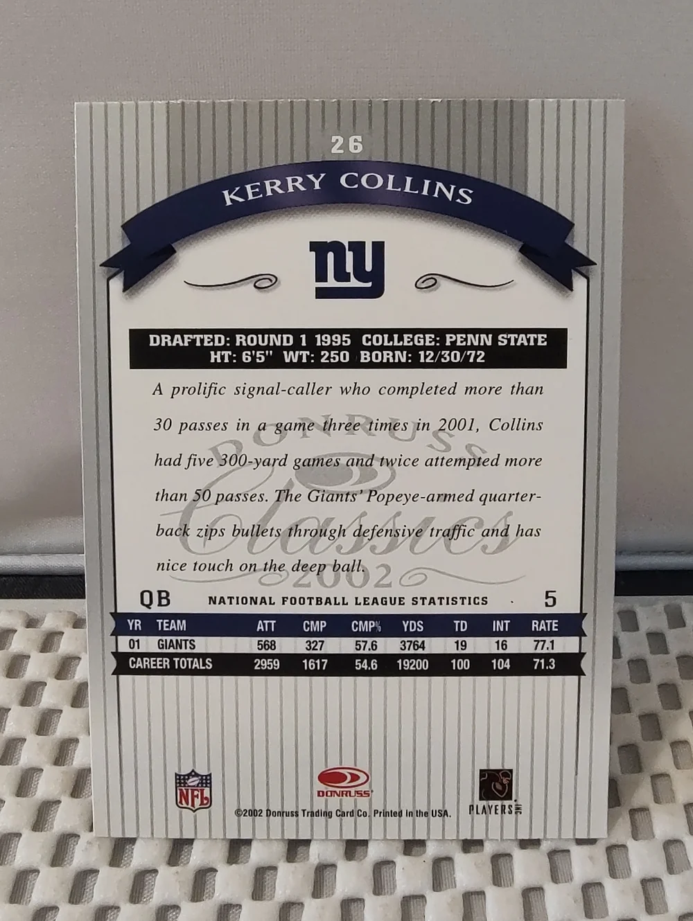 New York Giants Kerry Collins Football Trading Card 2002